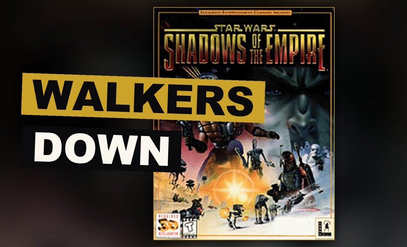 A small vehicle moves between towering enemy walkers upon a field of frozen white.
