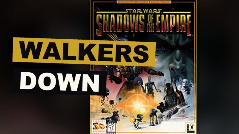 A small vehicle moves between towering enemy walkers upon a field of frozen white.
