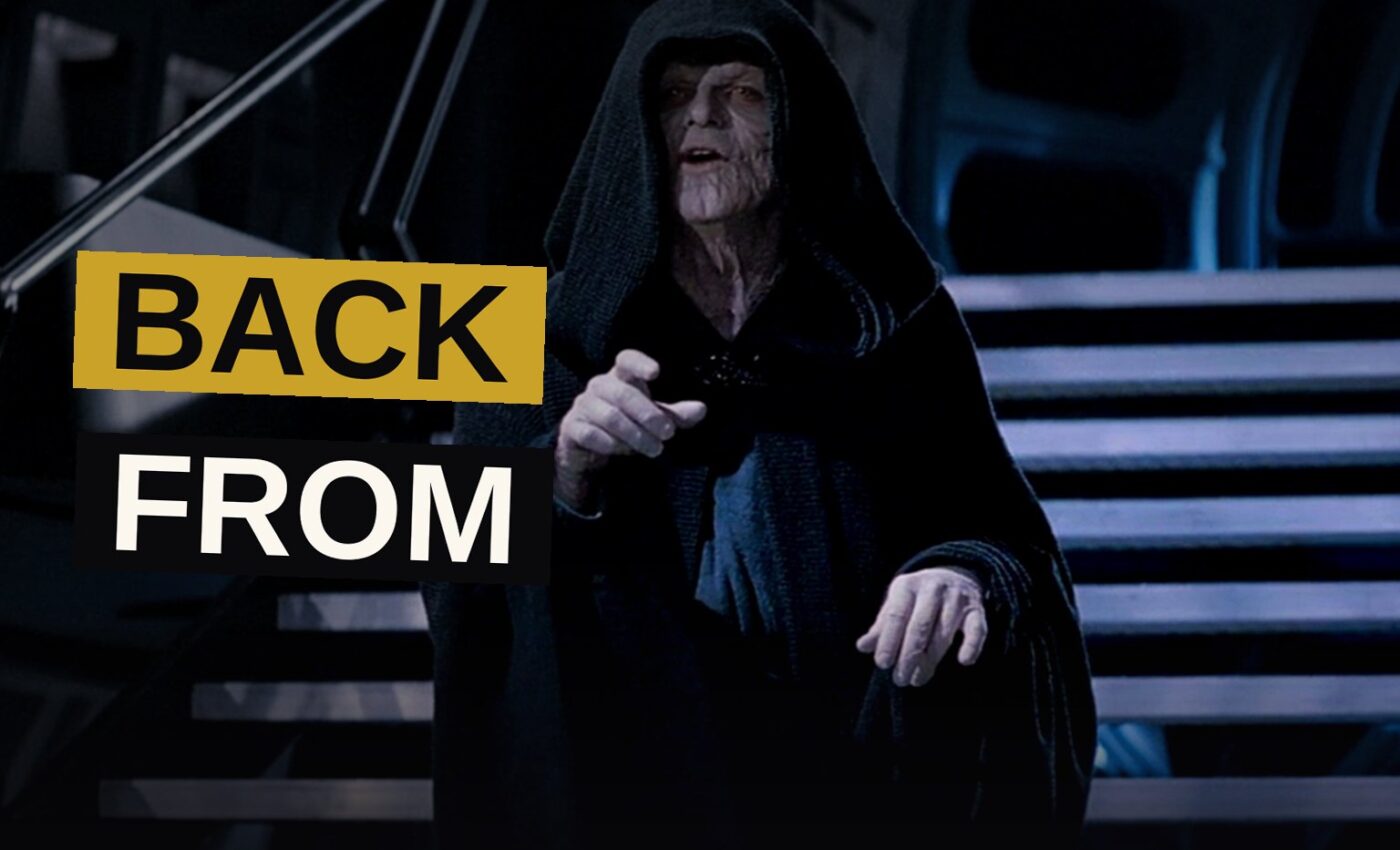 Emperor Palpatine stands amid ruins, lightning swirling around him, ready to command the battlefield once more.