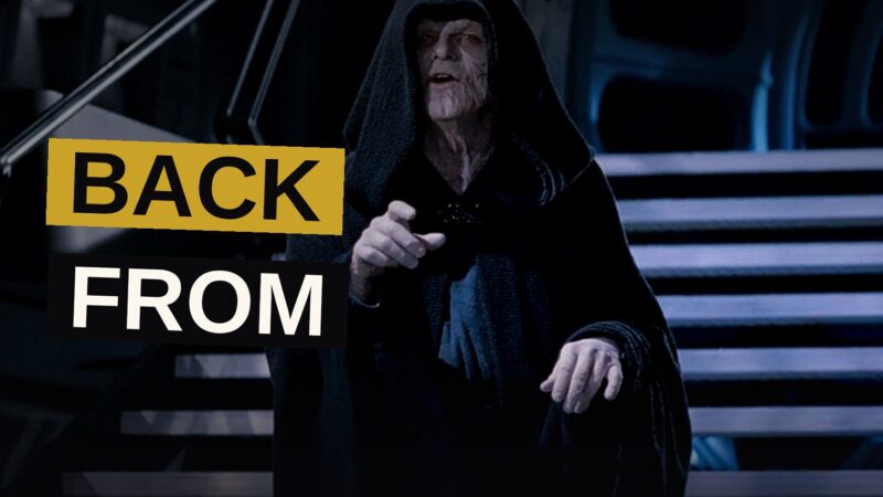 Emperor Palpatine stands amid ruins, lightning swirling around him, ready to command the battlefield once more.