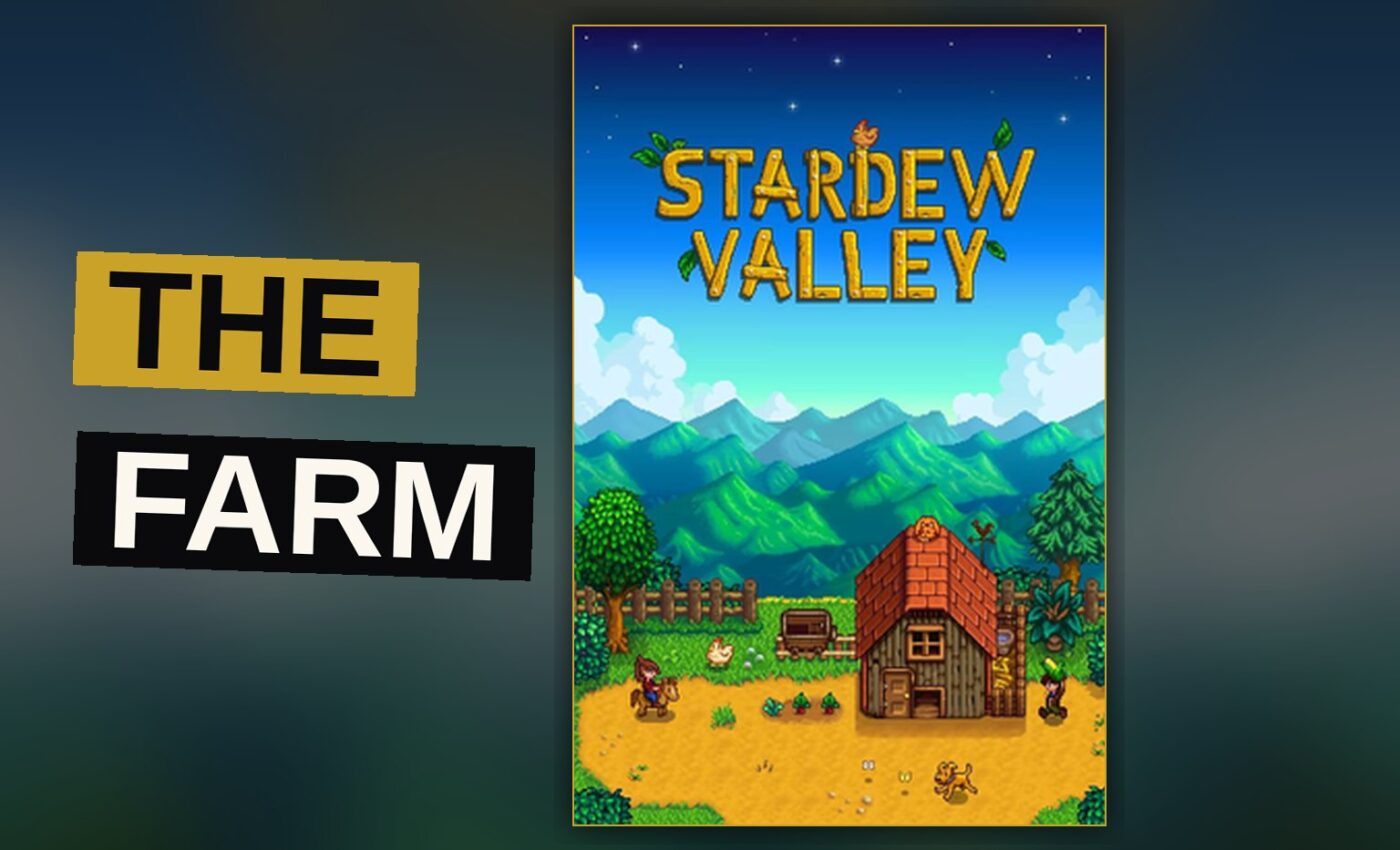 A small farm with rows of crops and a modest house sits beneath a golden evening sky near a quiet town.