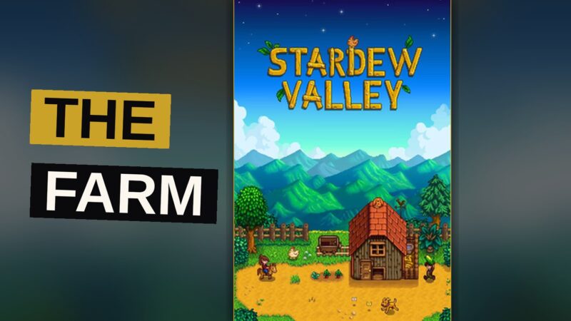 A small farm with rows of crops and a modest house sits beneath a golden evening sky near a quiet town.