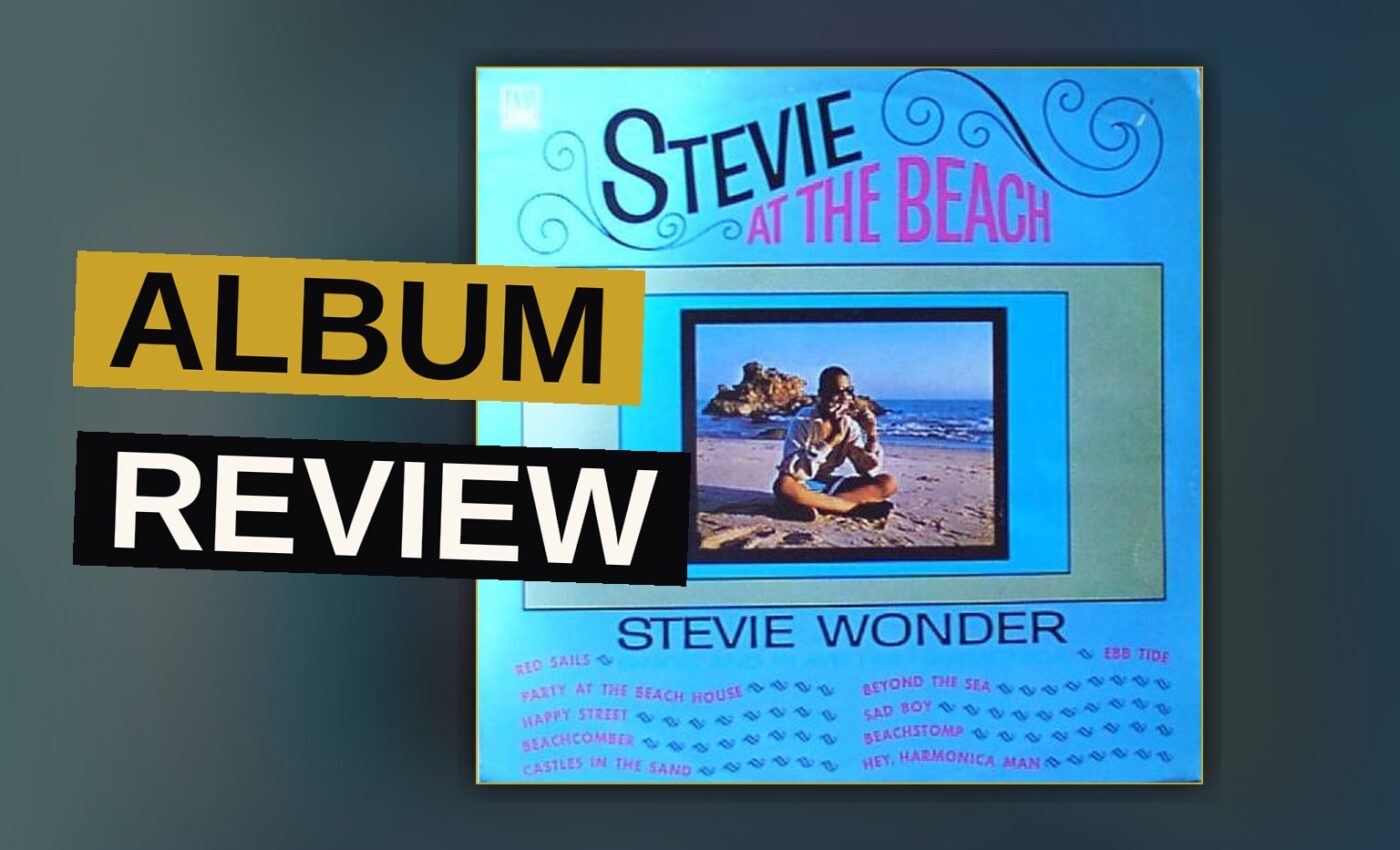 A vintage-style illustration of a young Stevie Wonder sitting on a surfboard at the beach, holding a harmonica.