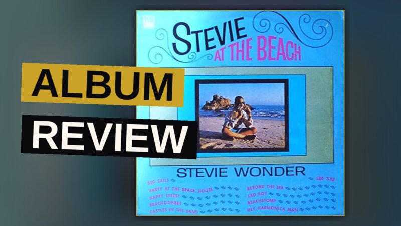 A vintage-style illustration of a young Stevie Wonder sitting on a surfboard at the beach, holding a harmonica.