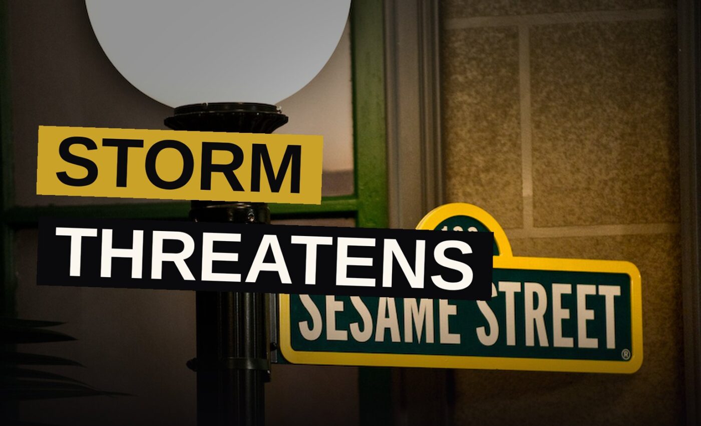 A wet Sesame Street street with a glowing sign beneath storm clouds, symbolizing the show's peril.