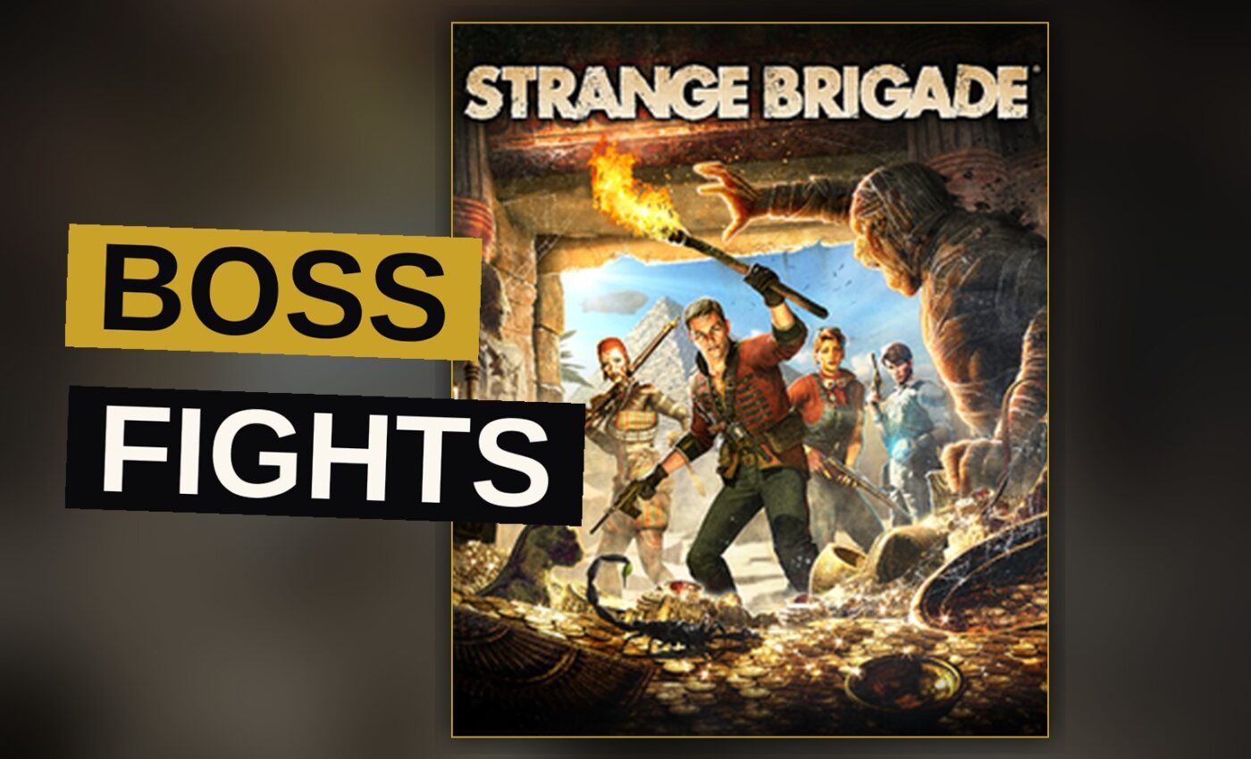 A Victorian agent fires a gun at a massive monster within an ancient ruin.