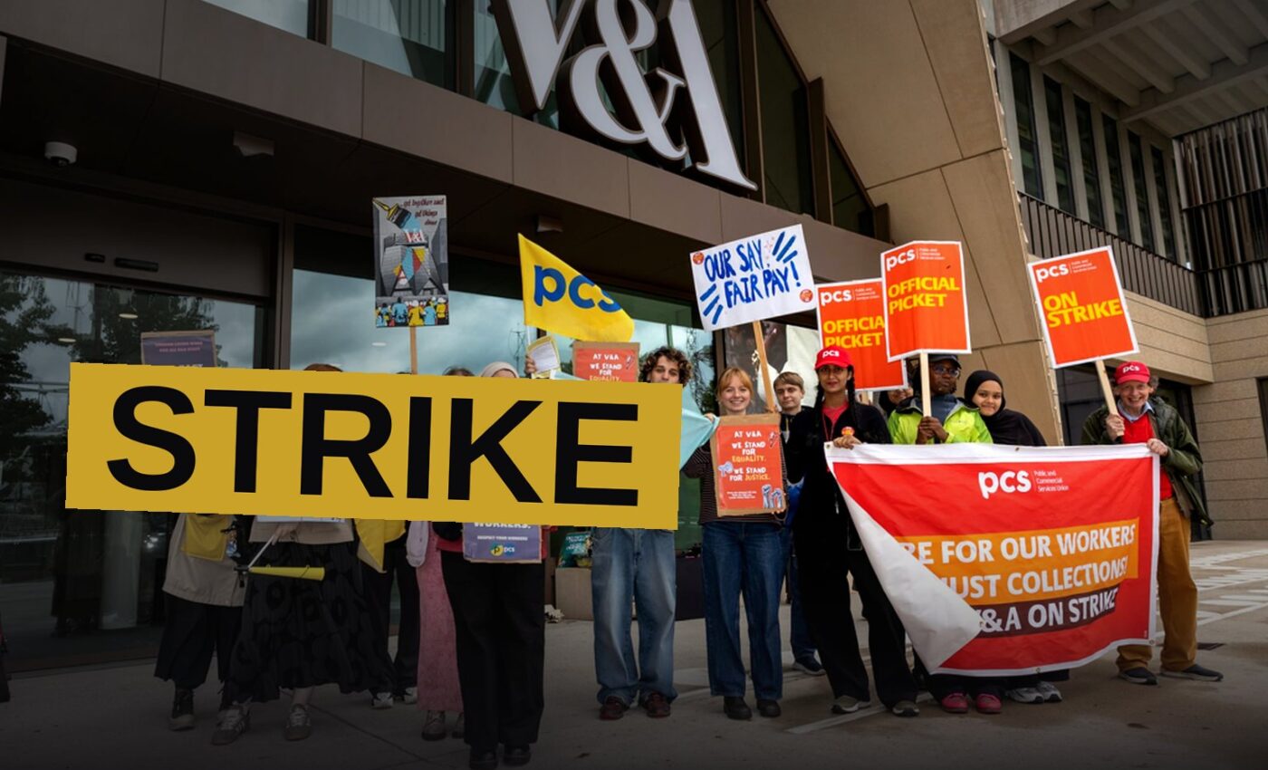 Protesting museum staff with signs outside a closed London museum entrance.