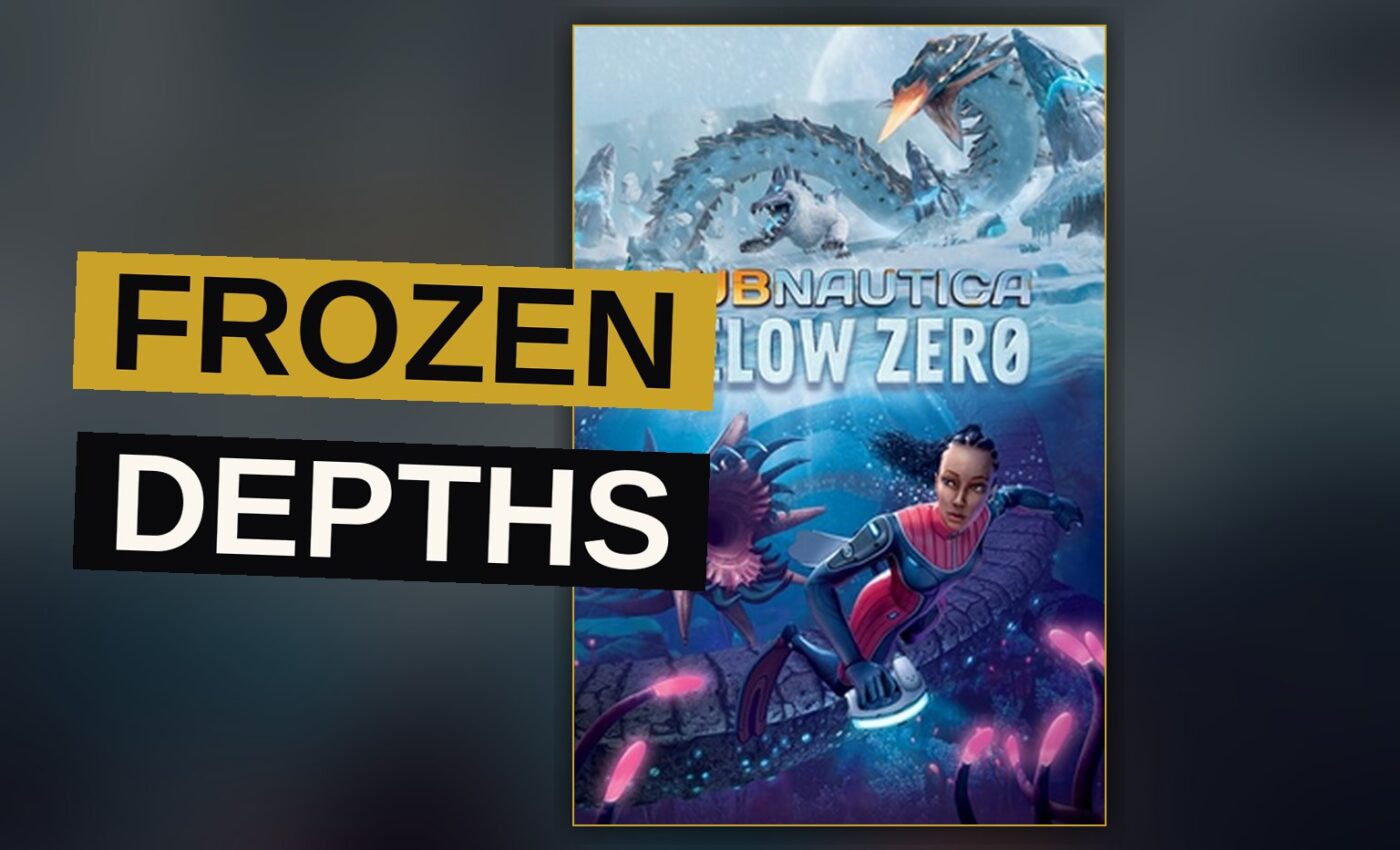 A lone diver drifts through a frozen alien sea, glowing creatures stirring in the dark water below.