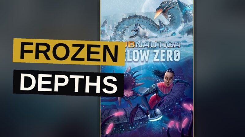 A lone diver drifts through a frozen alien sea, glowing creatures stirring in the dark water below.