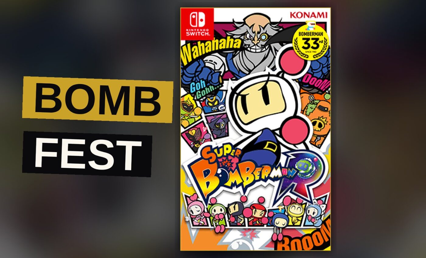 Five Bomberman characters set off bombs amid explosions in a colorful arena.
