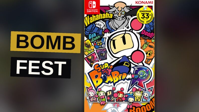 Five Bomberman characters set off bombs amid explosions in a colorful arena.