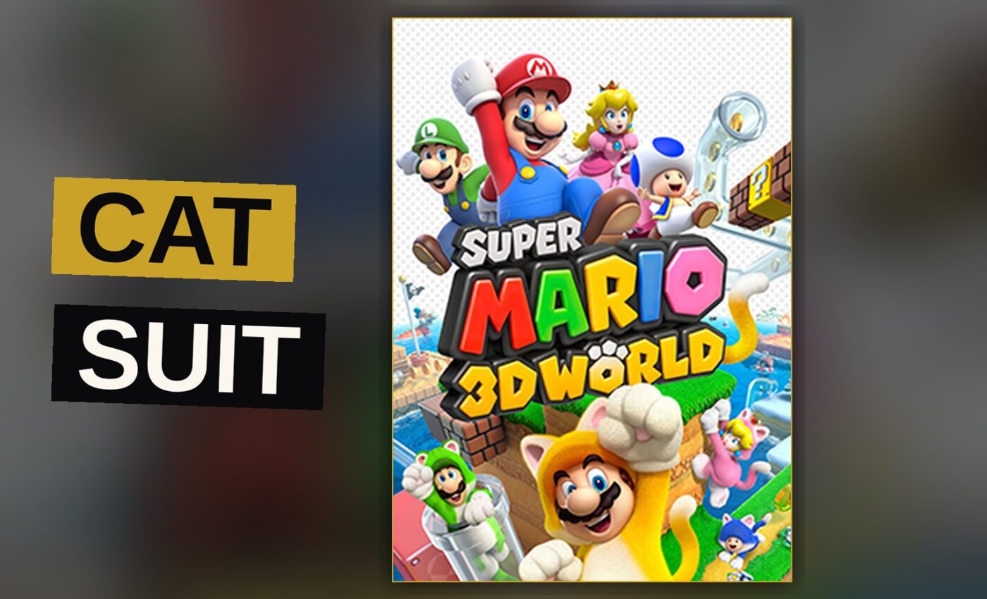 Mario in a cat suit leaps forward with claws extended in a bright, whimsical platformer world.