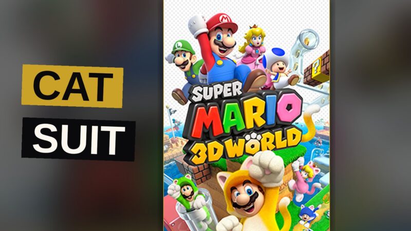 Mario in a cat suit leaps forward with claws extended in a bright, whimsical platformer world.