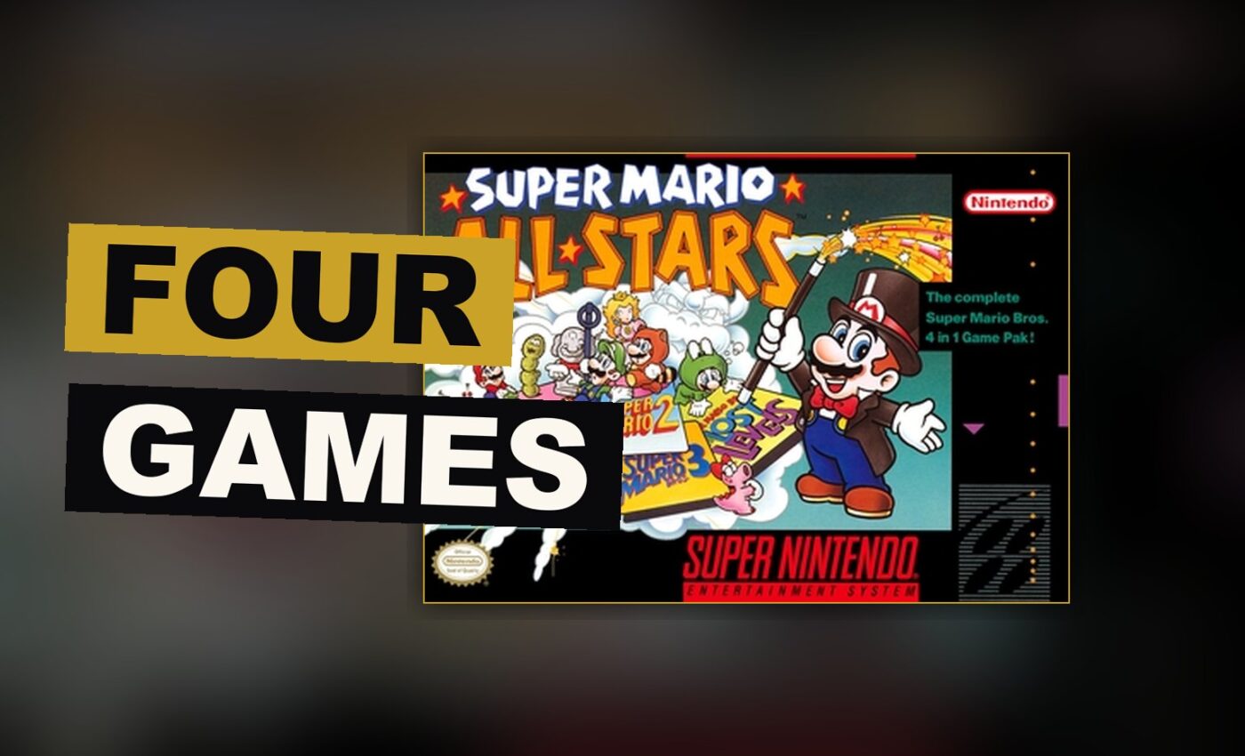 A small hero bounds between bright platforms in a bustling kingdom, echoing the four games gathered within the set.