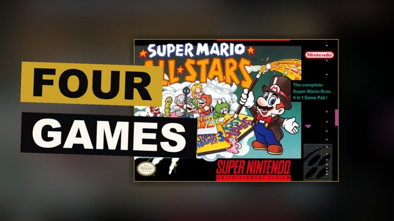 A small hero bounds between bright platforms in a bustling kingdom, echoing the four games gathered within the set.