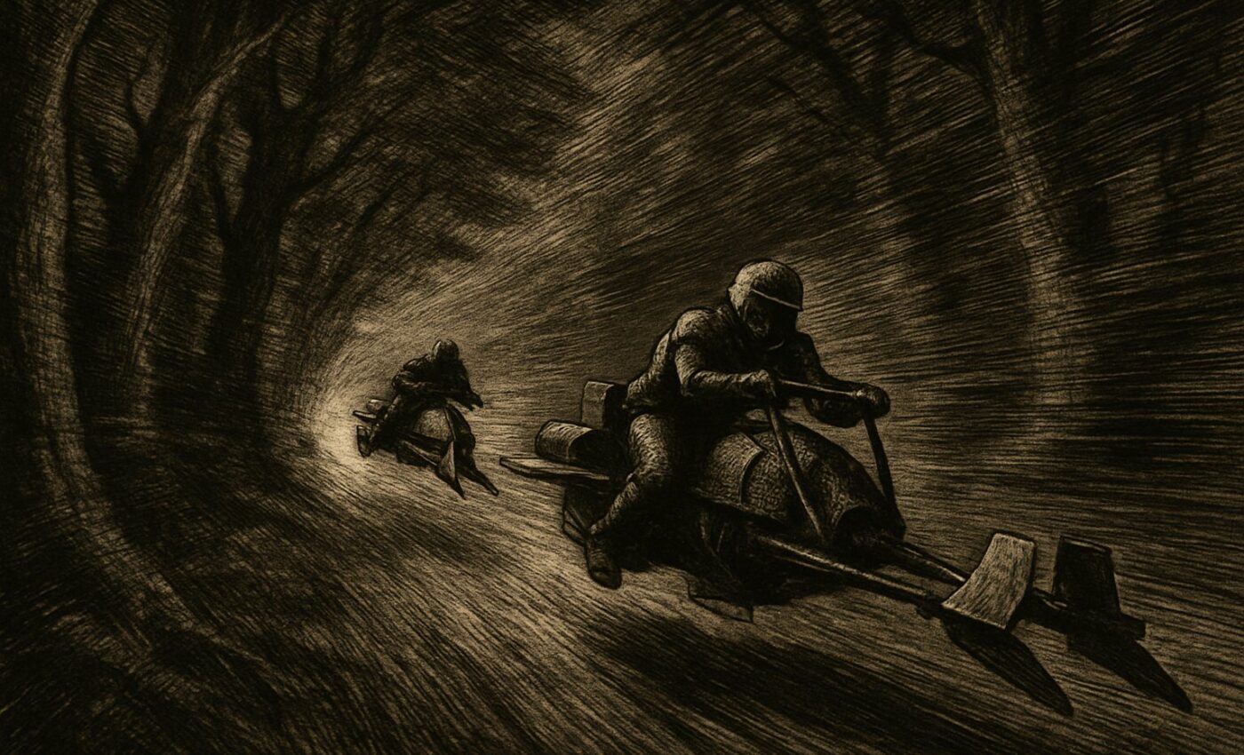 A vehicle rushes through a forest moon while trees rush past in a scene of swift and dangerous motion.