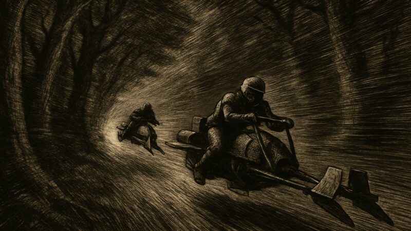 A vehicle rushes through a forest moon while trees rush past in a scene of swift and dangerous motion.