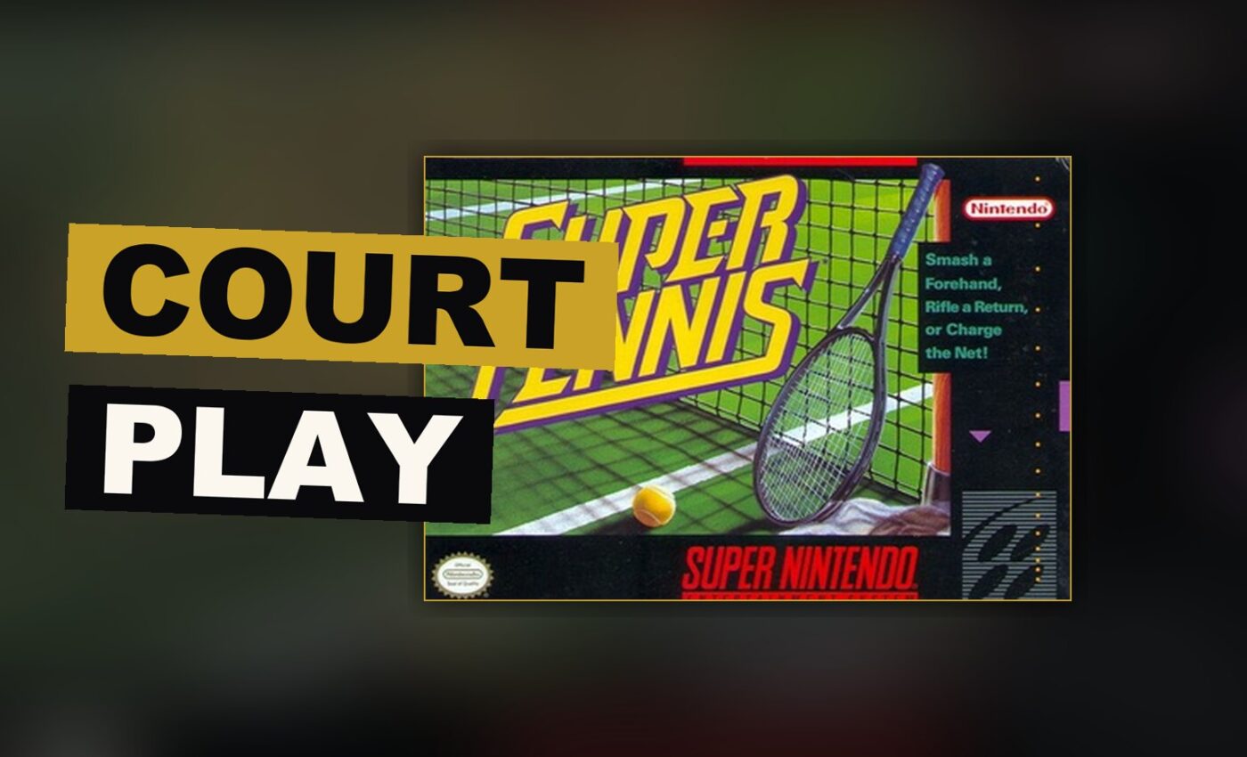A small figure strikes a ball across a bright court in a scene drawn from an old console's game of tennis.