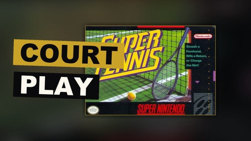 A small figure strikes a ball across a bright court in a scene drawn from an old console's game of tennis.