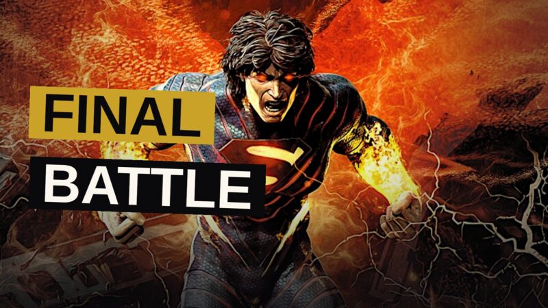 Superman stands ready for a final battle with Brainiac amid the ruins of a shattered world.