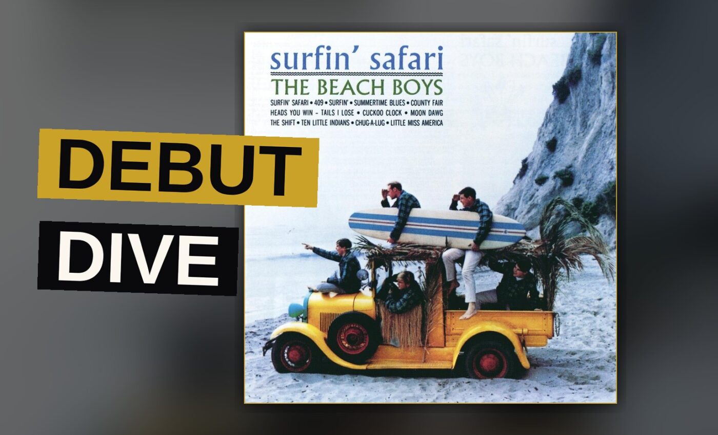 A retro illustrated scene of a wood-paneled station wagon with surfboards on a sunny beach, surrounded by young men with guitars.