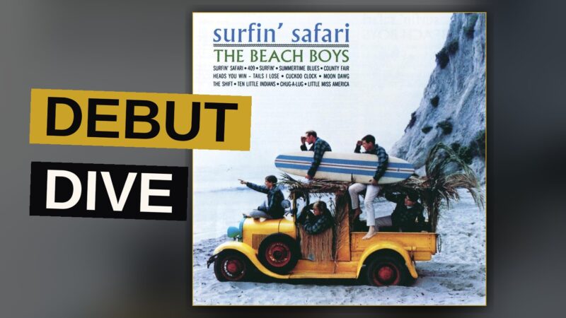 A retro illustrated scene of a wood-paneled station wagon with surfboards on a sunny beach, surrounded by young men with guitars.