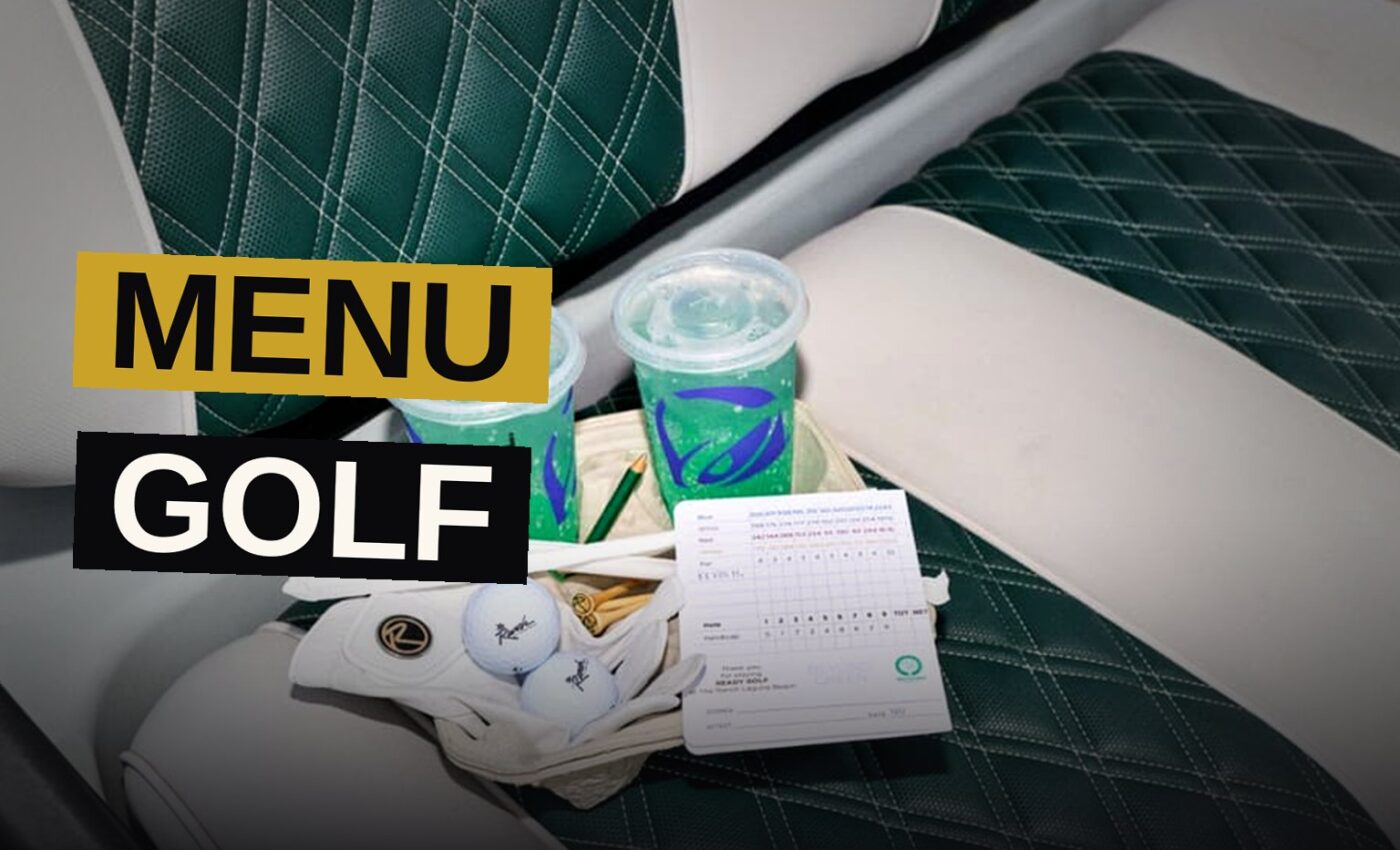 A whimsical golf course scene featuring a Taco Bell drive-thru on the fairway and a taco-shaped golf tee.