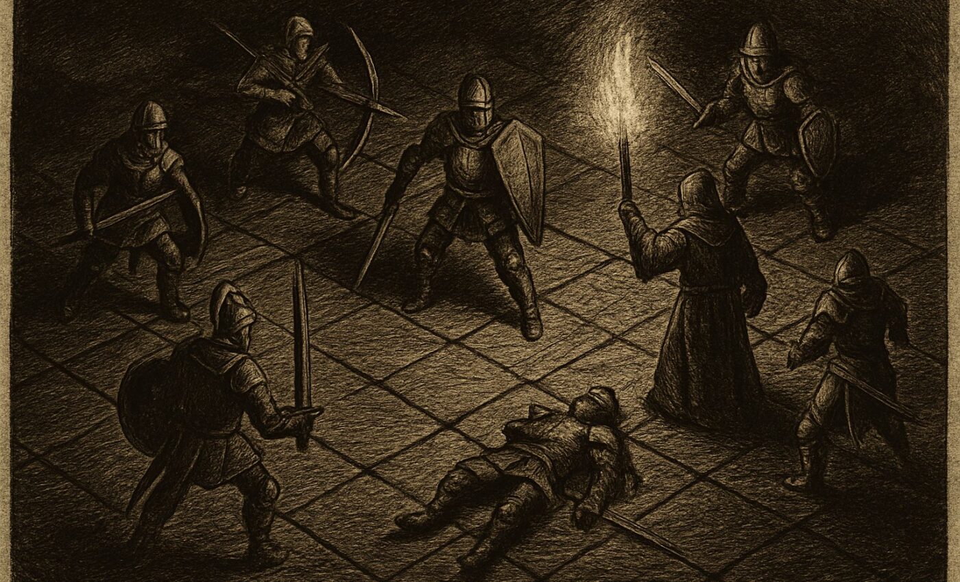 Soldiers stand arrayed upon a battlefield of squares, awaiting the weight of the choice to come.