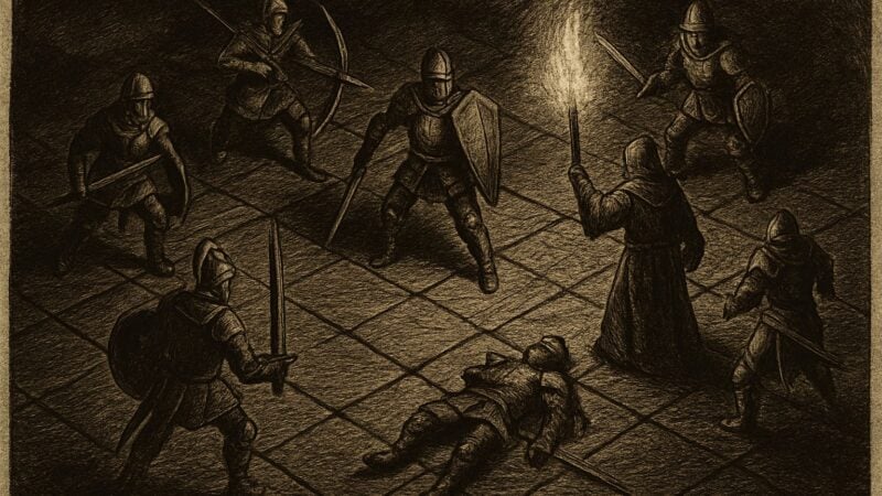 Soldiers stand arrayed upon a battlefield of squares, awaiting the weight of the choice to come.