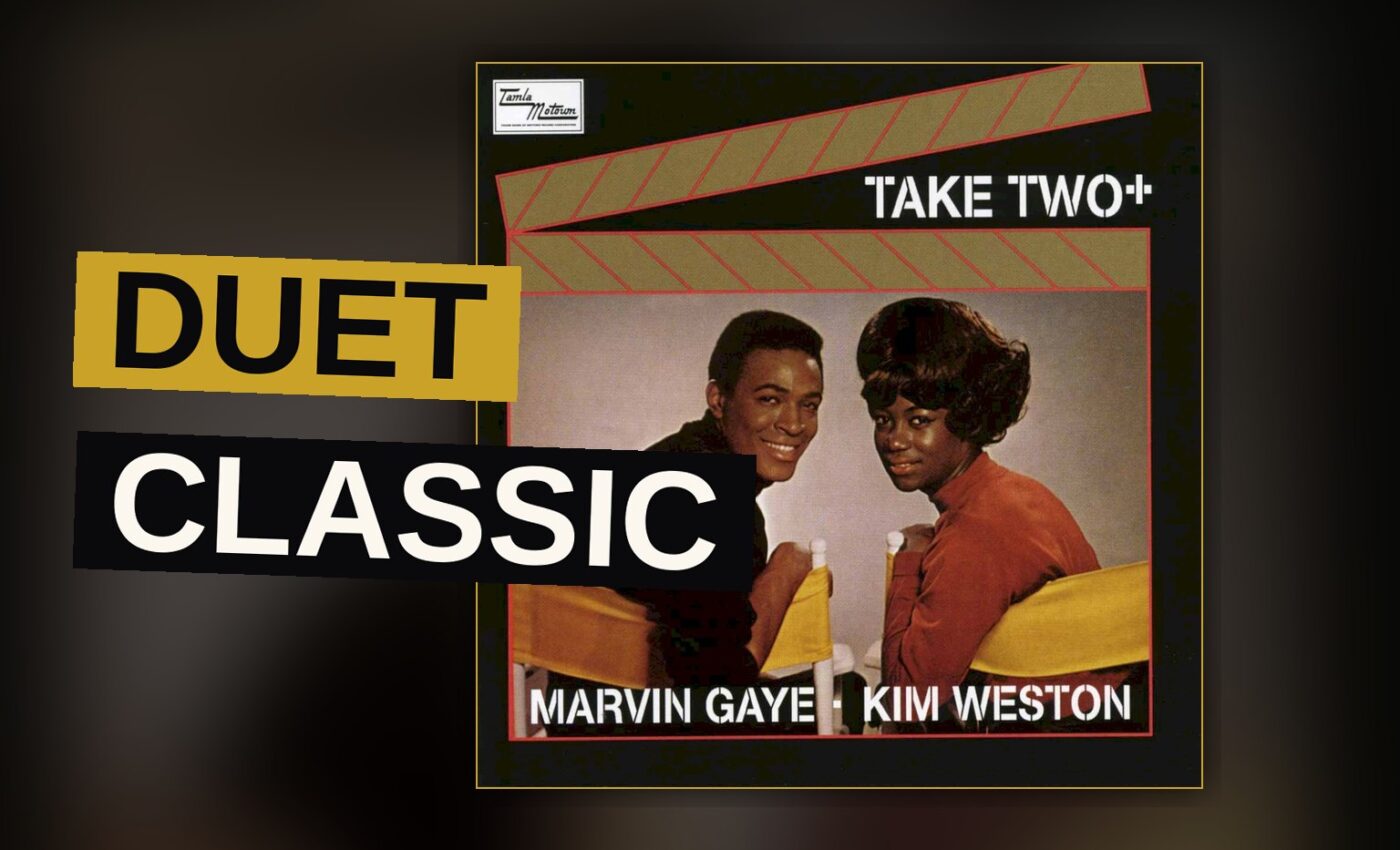 A vintage-styled illustration of a male and female soul singer leaning into a shared microphone, bathed in warm amber light.