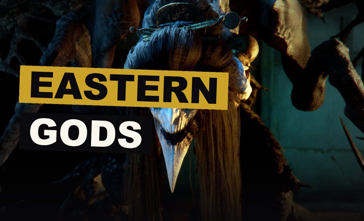 A fighter of ancient bearing stands before a dread spirit, beneath a temple of elder gods, in a scene of shadow.