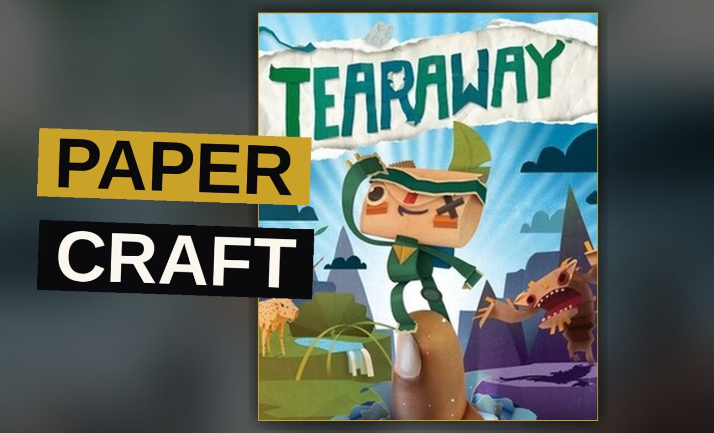 A small paper character stands on a folded paper hill in a colorful papercraft world with a paper sun and cotton clouds.