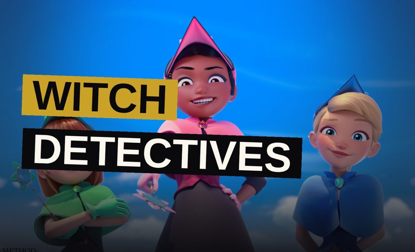 Three young witches with modern outfits and magical tools stand on a sunny city street, ready for detective work.