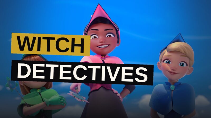 Three young witches with modern outfits and magical tools stand on a sunny city street, ready for detective work.