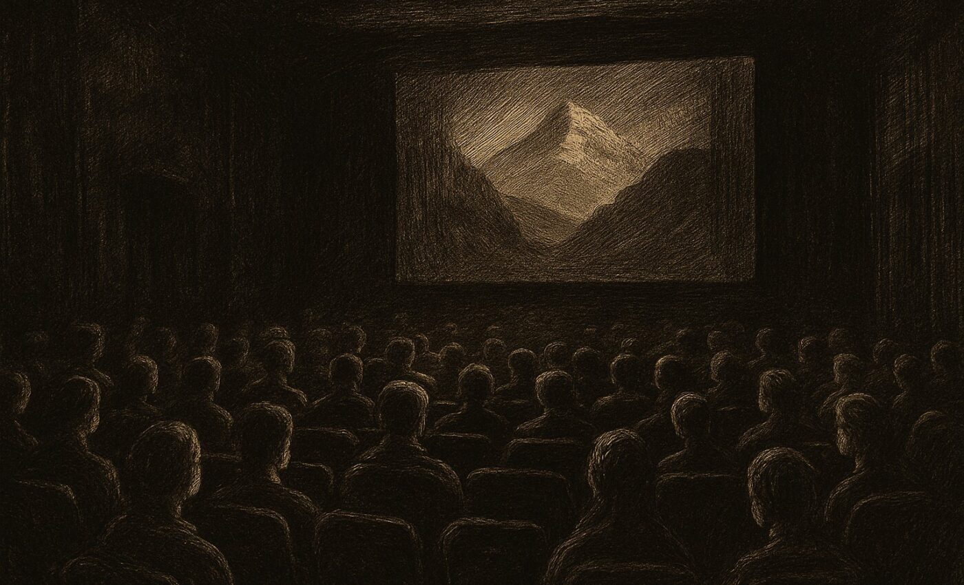 A shadowed theatre chamber wherein a gathered company sit in silent expectation before a glowing image.