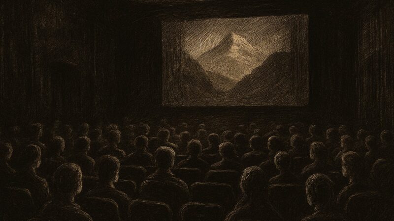 A shadowed theatre chamber wherein a gathered company sit in silent expectation before a glowing image.