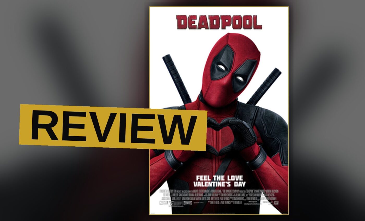 Deadpool leaps through a chaotic highway battle, grinning with swords in hand.
