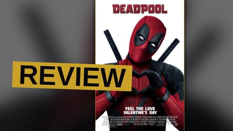 Deadpool leaps through a chaotic highway battle, grinning with swords in hand.