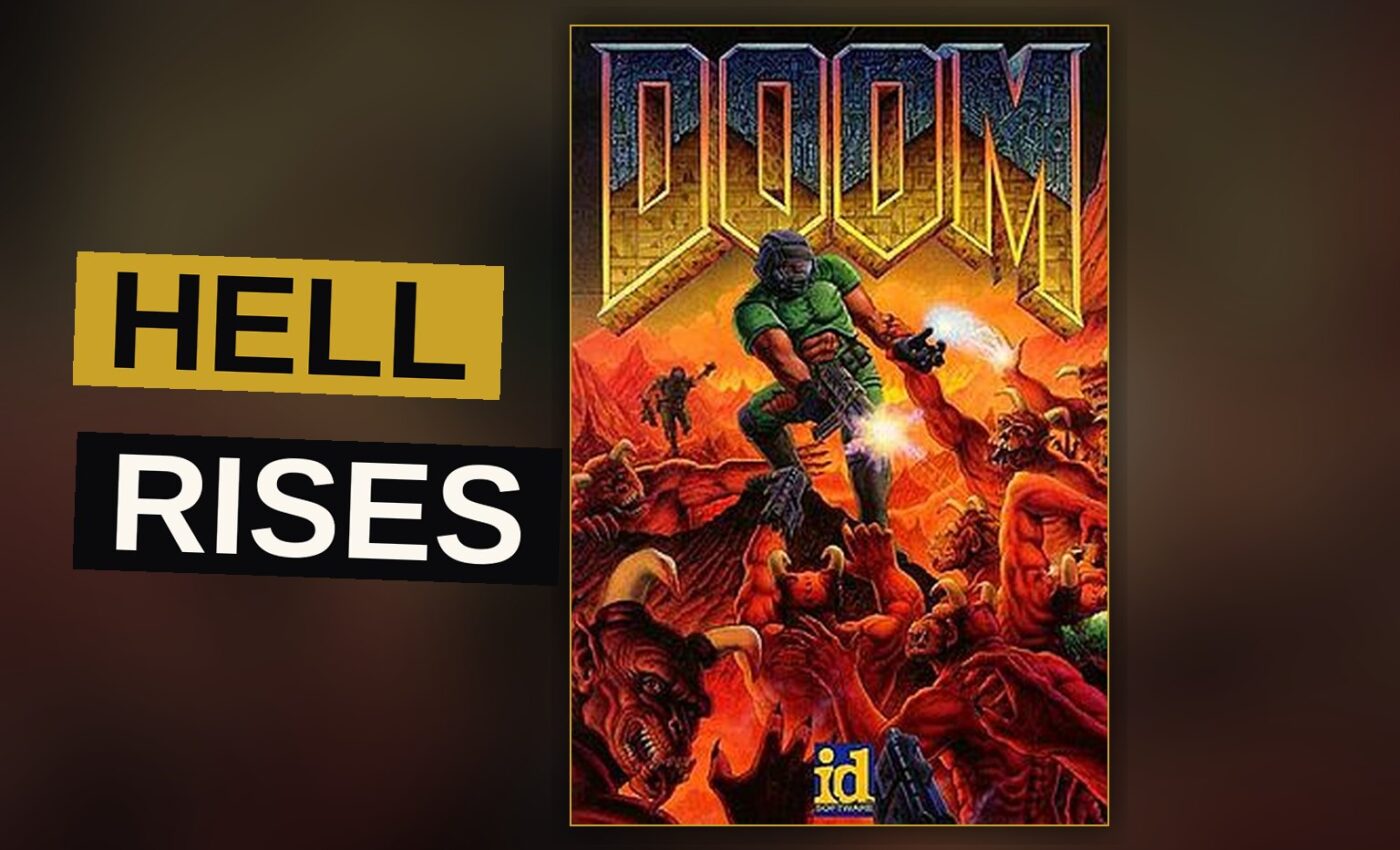 A solitary armored figure faces a swarm of demons within a facility on Mars overrun by hellish fire.