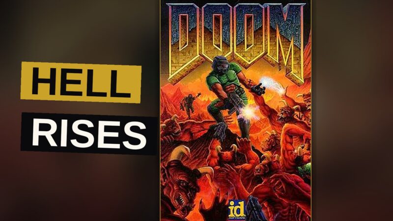 A solitary armored figure faces a swarm of demons within a facility on Mars overrun by hellish fire.