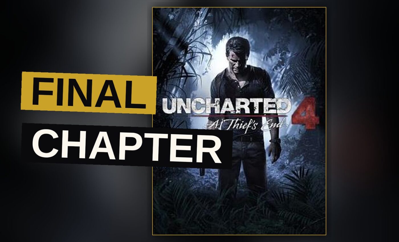 Nathan Drake stands on a cliff, gazing at the ruins of Libertalia in the golden light.