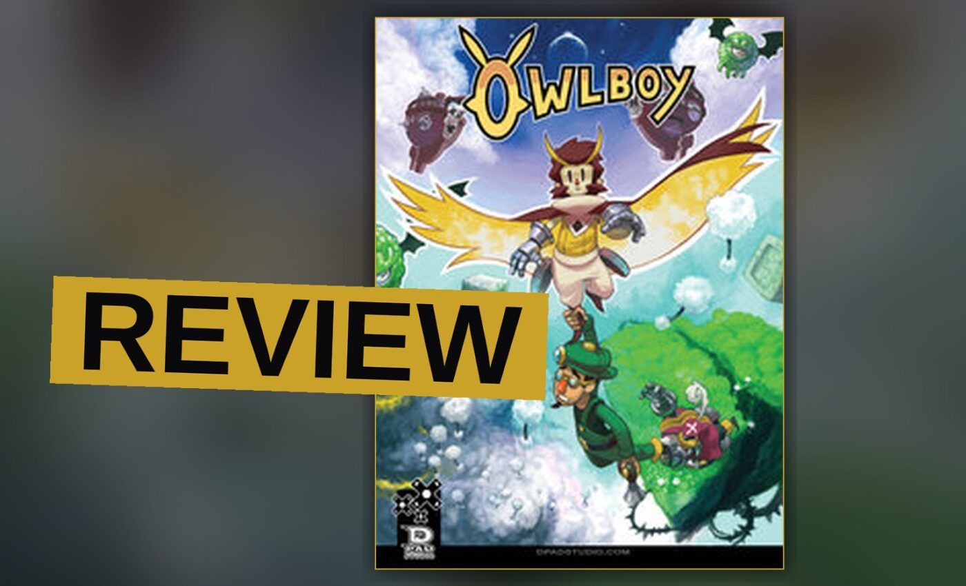 Pixel art of an owl with a red scarf flying over floating islands, carrying a small blue bird.