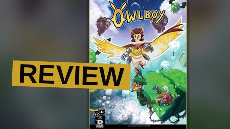 Pixel art of an owl with a red scarf flying over floating islands, carrying a small blue bird.