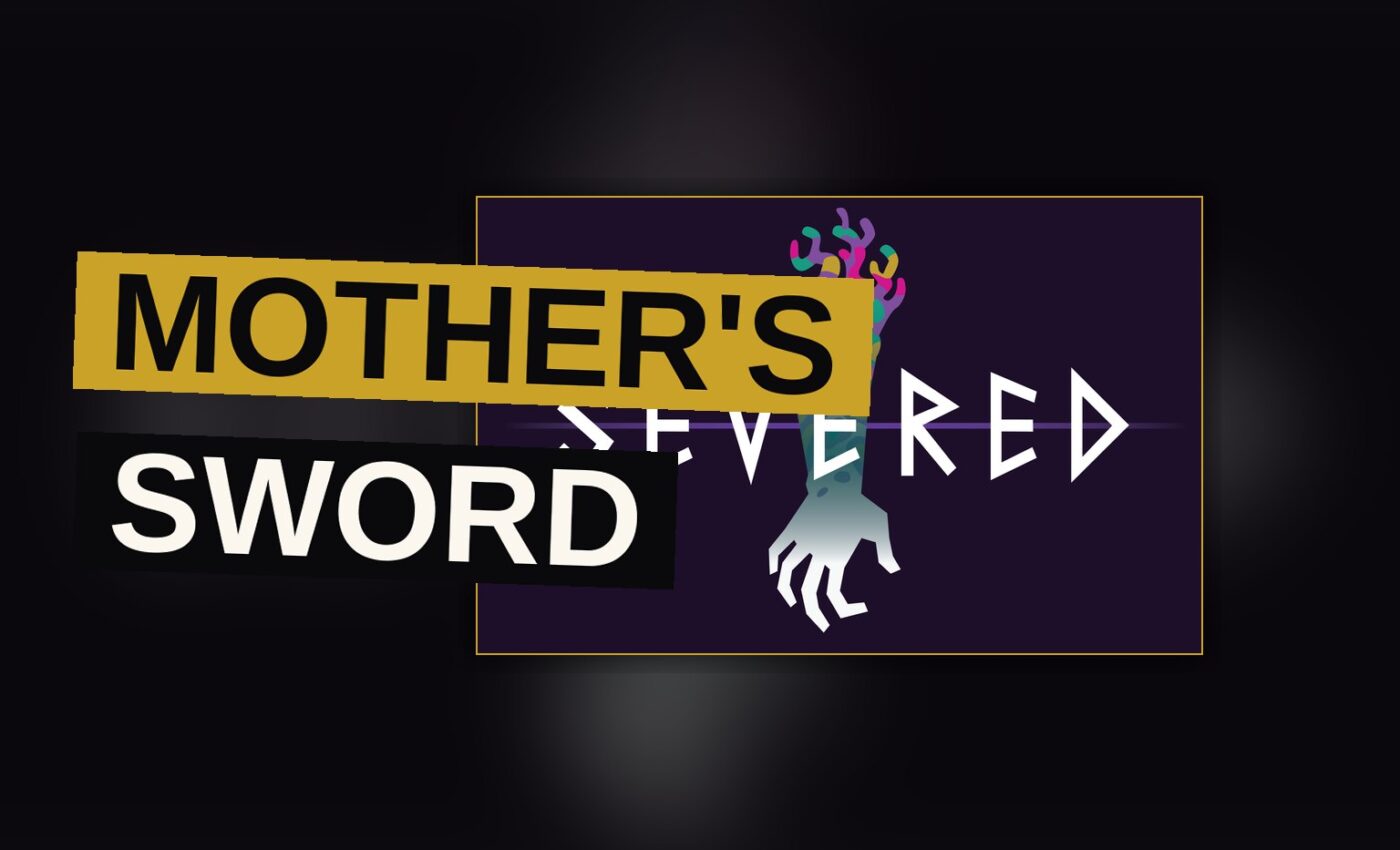 A mother stands ready with her sword before a shadowy forest, waiting for the next puzzle.