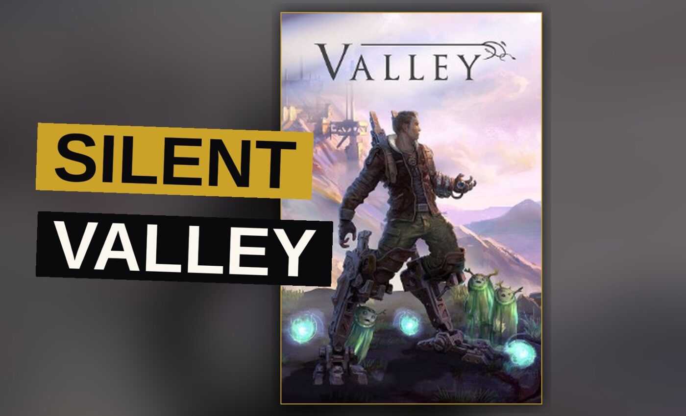 A man stands alone in a verdant valley, surrounded by strange machines and misty hills.