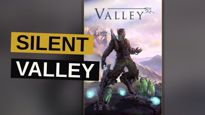 A man stands alone in a verdant valley, surrounded by strange machines and misty hills.