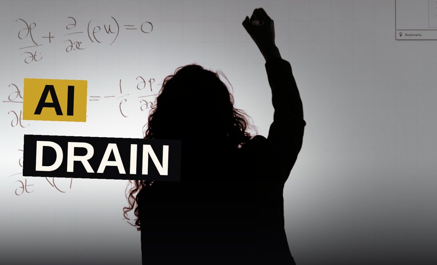 A human mathematician at a chalkboard watches as a robotic arm erases equations, symbolizing AI solving math problems faster than humans.