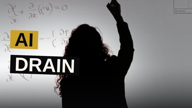 A human mathematician at a chalkboard watches as a robotic arm erases equations, symbolizing AI solving math problems faster than humans.