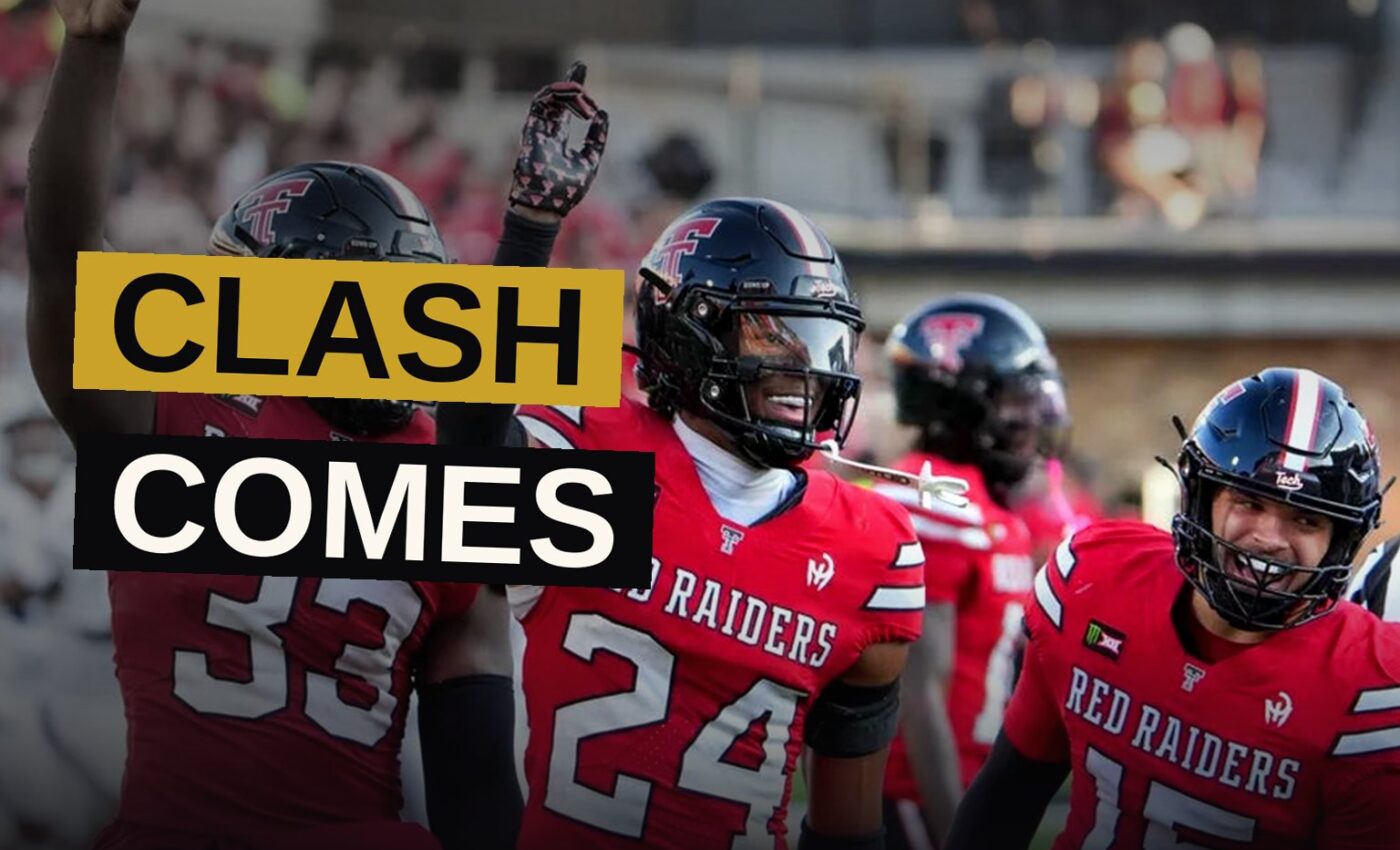 Two college football teams clash beneath bright stadium lights as a crowd watches.