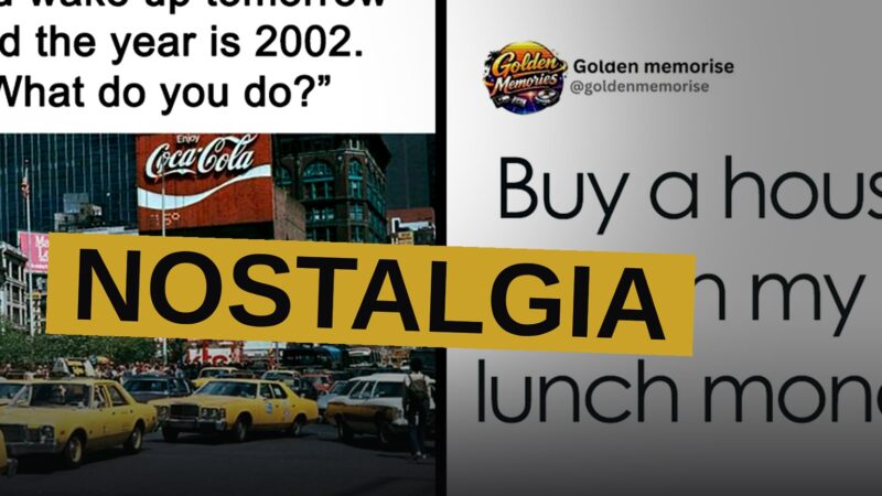 A colorful collage of 90s tech and culture items including a desktop computer, CRT TV, Taco Bell cup, and instant messaging window.